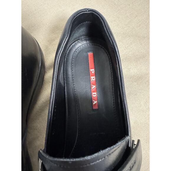 Prada Shoes Mens Size 8.5 Black Leather Loafers Slip On Dress Buckle 4P0327 main image 9